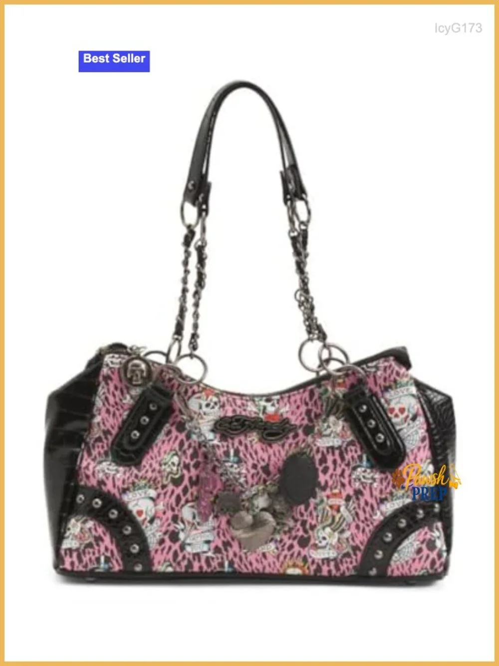 Large Satchel with Croc Embossed Accents, Skull Tattoo Print